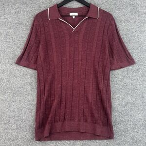 Reiss Polo Shirt Mens M Burgundy Linen Blend‎ Ribbed Knit Open Collar Howden